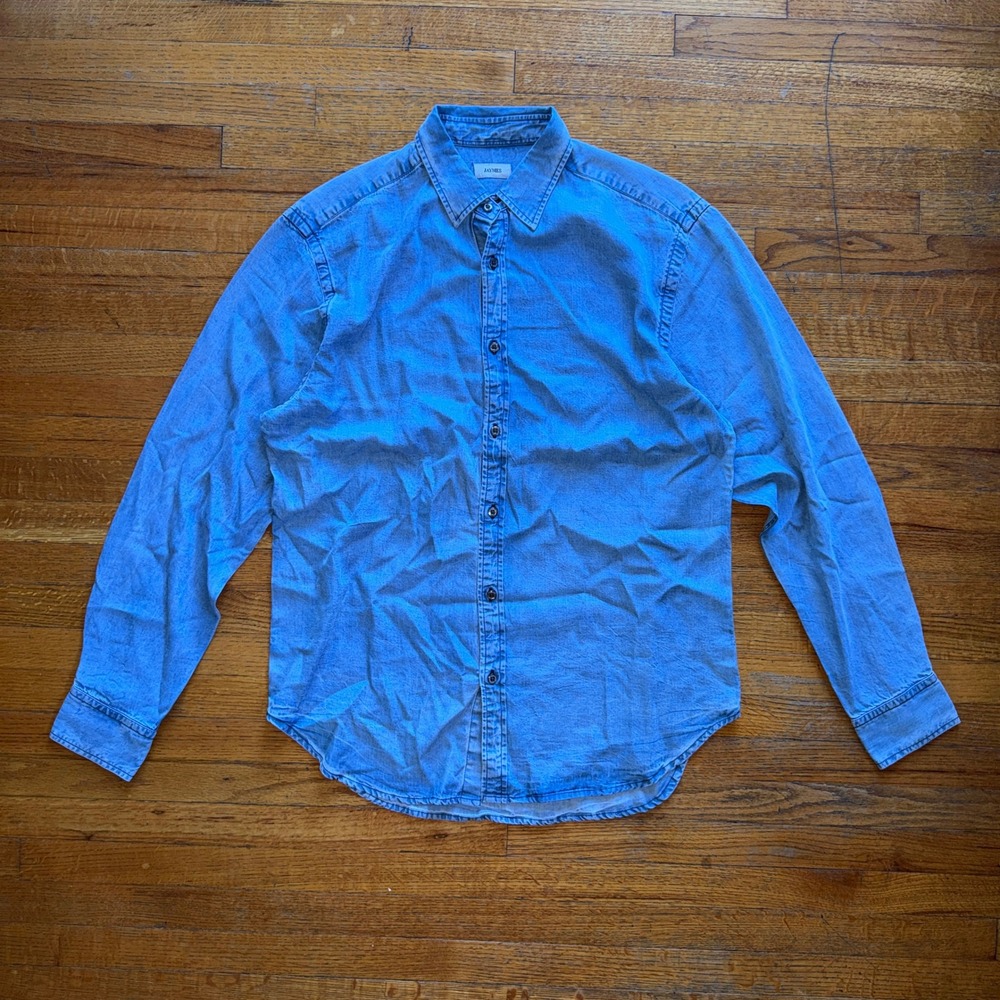 Jaymes Mens Light Wash Denim Button Down Shirt Long Sleeve Blue Casual XL
